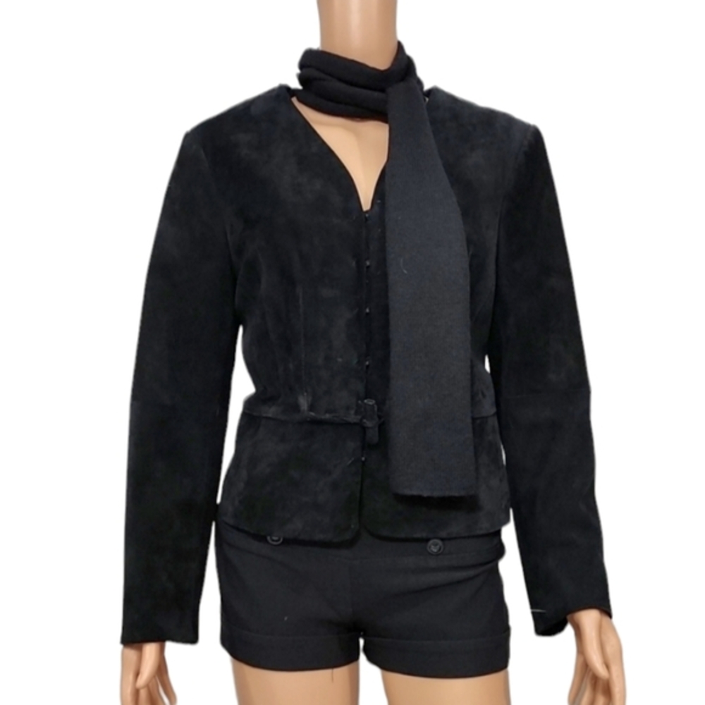 Worth Women's black Suade leather Jacket Wool Scarf Size 12 RN#98173